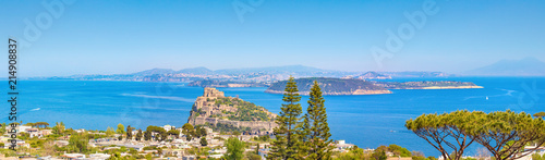 Panoramic view of Gulf of Naples and Ischia Island with Aragonese Castle or Castello Aragonese