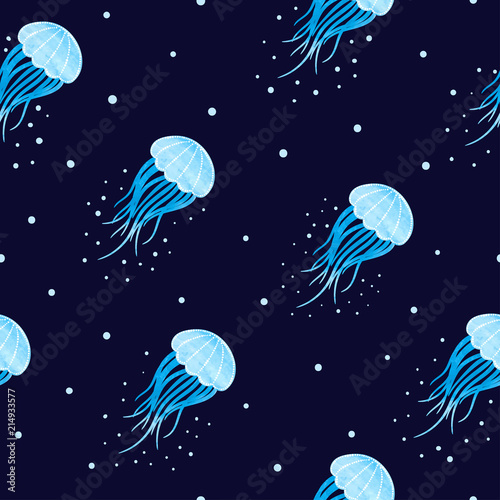 Seamless pattern with blue watercolor jellyfish. Vector sea background.