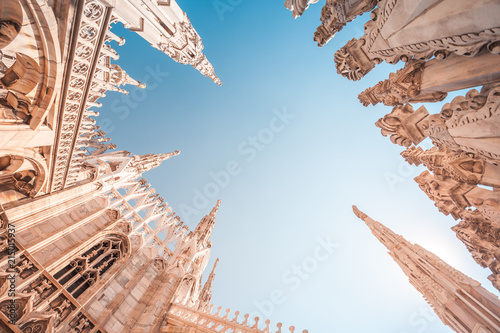 view of Gothic architecture and art on the roof of Milan Cathedral (Duomo di Milano), Italy