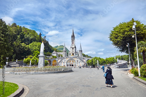 The Sanctuary of Our Lady of Lourdes or the Domain. Basilique de Notre-Dame de l'Immaculée-Conception de Lourdes. The Hautes-Pyrenees department in the Occitanie region in south-western France.