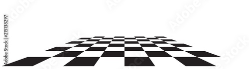 Checkerboard, chessboard, checkered plane in angle perspective. Tilted, vanishing empty floor.