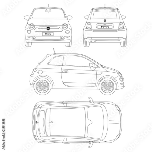 Fiat 500 car blueptint vector technical drawing