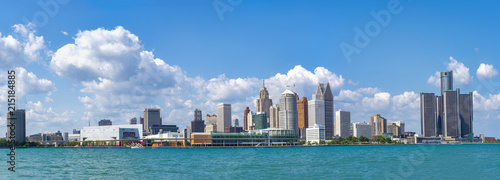 Panoramic view of Detroit skyline from Windsor, Ontario.
