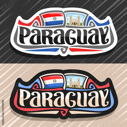 Vector logo for Paraguay country, fridge magnet with paraguayan flag, original brush typeface for word paraguay and national paraguayan symbol - Cathedral in Encarnacion city on cloudy sky background.