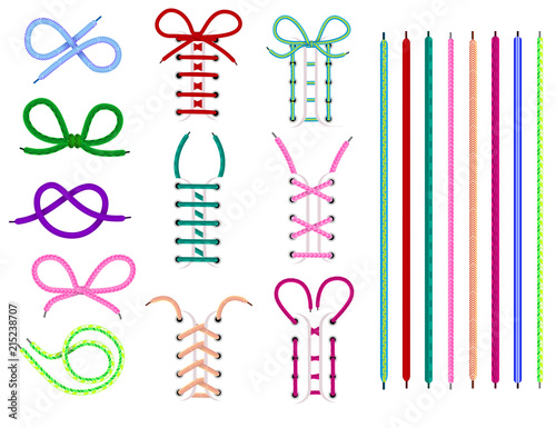 Shoelaces vector shoestring or shoe-laces and fashion accessory for footwear or footgear illustration set of shoes strings knot or rope isolated on white background