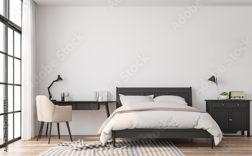 Modern classic bedroom 3d render.The rooms have wooden floors and white walls.Furnished with black wood furniture. There are large window overlooking to outside.