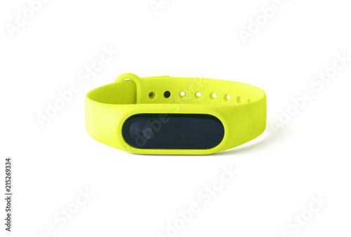 Fitness bracelet or tracker isolated on white background. Front view of smart gadget