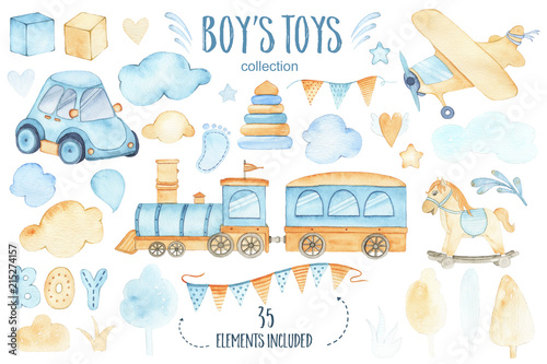Watercolor boys toys baby shower set with car airplane train garland and trees clouds