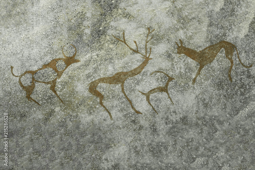 An image of animals on a cave wall by an ancient man. archeology, ancient history.