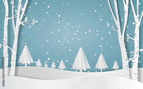 Merry christmas,Snow forest. pines in winter and mountain Paper vector Illustration