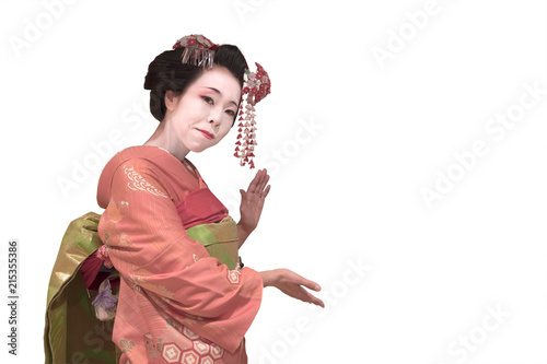 Clipping japanese geisha maiko girl in red kimono coifed hair brooch with patterns of red and white plum blossoms on white background.