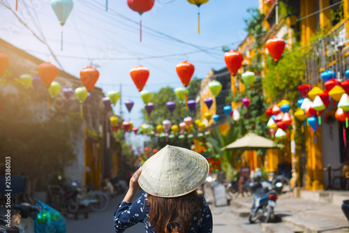 Tourist is walking in Old town in Hoi An, Vietnam.