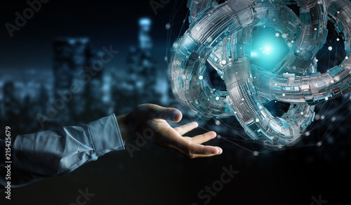 Businessman using futuristic torus textured object 3D rendering