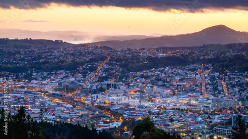 Beautiful cityscape after sunset. Nightlight. Dunedin, New Zealand.