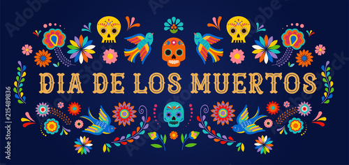 Day of the dead, Dia de los moertos, banner with colorful Mexican flowers. Fiesta, holiday poster, party flyer, greeting card