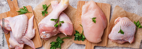 Raw chicken meat fillet, thigh, wings and legs