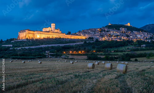 Panoramic view of Assisi at sunset, in the Province of Perugia, in the Umbria region of Italy.
