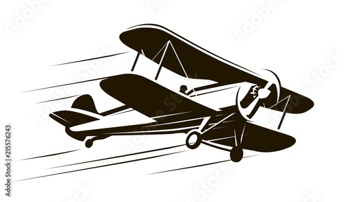 Vintage flying aircraft. Airplane symbol. Retro vector illustration