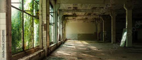 Industrial interior at the old electronic devices factory with big windows and empty floor. Interior inside an abandoned factory, overgrown with green moss and plants.