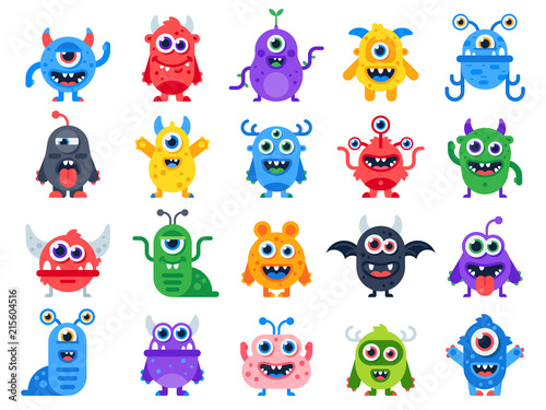 Cute cartoon monsters. Comic halloween joyful monster characters. Funny devil, ugly alien and smile creature flat vector set