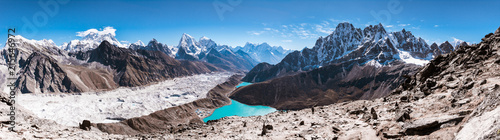 Panoramic view of Himalayan Mountains from Gokyo Ri (5,360m) with Gokyo Lake, Everest, Nuptse, Lhotse, Phari Lapcha and More, Gokyo, Sagarmatha national park, Everest Base Camp 3 Passes Trek, Nepal