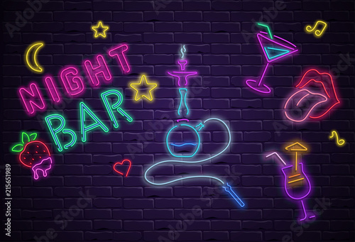 Black night bar background with colorful neon decoration.