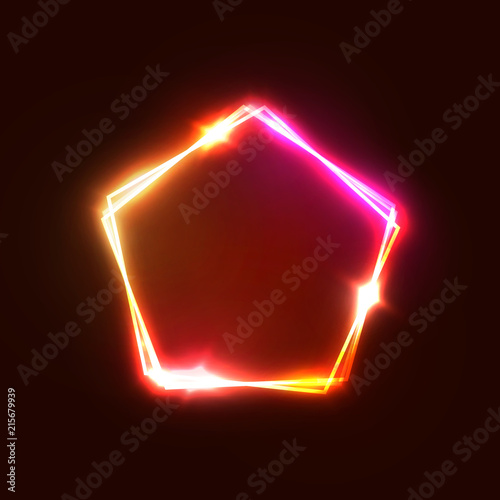 Neon sign. Red shining pentagon background with blank space for text. Glowing electric abstract frame on dark backdrop. Light banner. Pentagon logo. Bright vector illustration with flares and sparkles