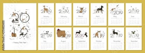Monthly creative calendar 2019 with dog breeds Vector illustration A4