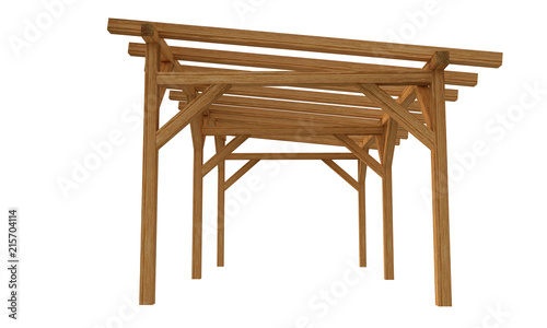 3D realistic render of pergola. Wood construction isolated on white background. 