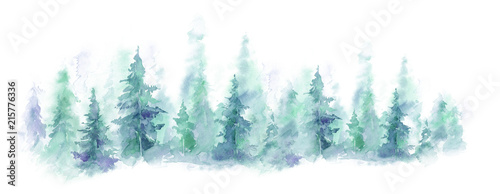 Blue landscape of foggy forest, winter hill. Wild nature, frozen, misty, taiga. watercolor background