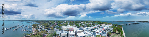 Aerial sunset view of Beaufort, South Carolina. Panoramic picture from drone perspective
