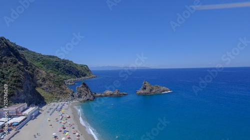 Tonnara Beach in Palmi, Calabria. Panoramic sunset aerial view in summer season