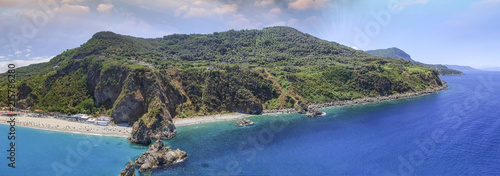 Panoramic aerial view of Tonnara Beach in Calabria with Scoglio Ulivo, Italy