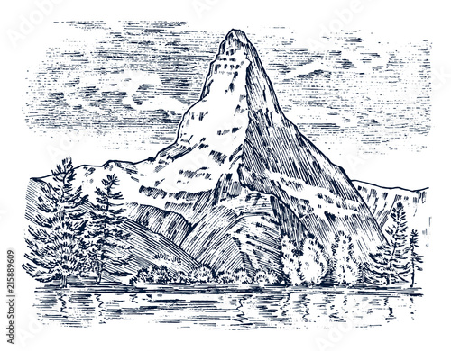 Mountains peaks, vintage matterhorn, old looking hand drawn, sketch or engraved style, different versions for hiking, climbing. landscape of nature. valley with green trees. vector illustration.