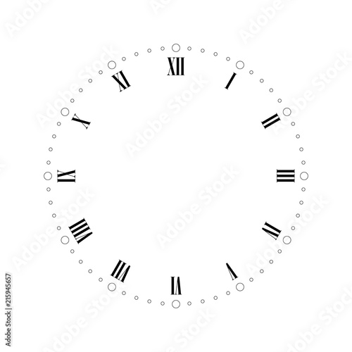 Vintage clock face with Roman numbers. Dots mark minutes and hours. Simple flat vector illustration.