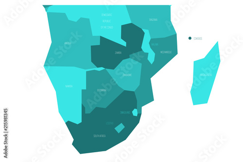 Political map of southern Africa region. Simlified schematic vector map in shades of turquoise blue.
