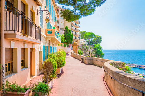 Monaco, Monte carlo. Monaco village with colorful architecture and street along the ocean.