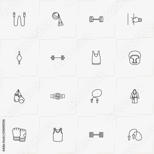 Boxing line icon set with barbell, box gloves and boxing gloves