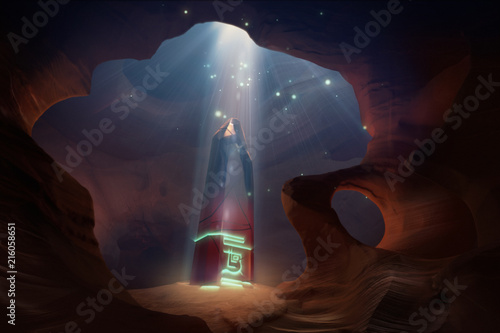 magical obelisk in the cave at night