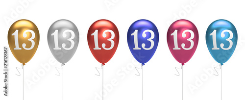 Number 13 birthday balloons collection gold, silver, red, blue, pink. 3D Rendering