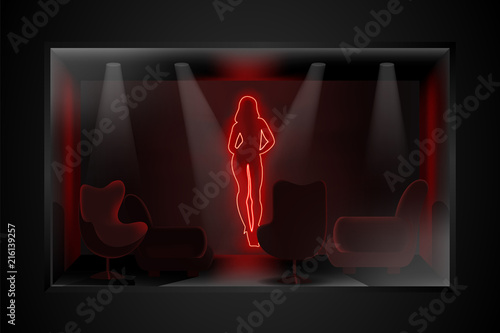 Neon image of dancing striptease in a dark room with furniture. Brothel illustration