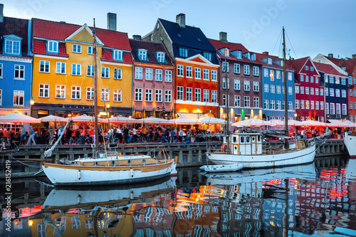 Nyhavn illuminated at night, Copenhagen