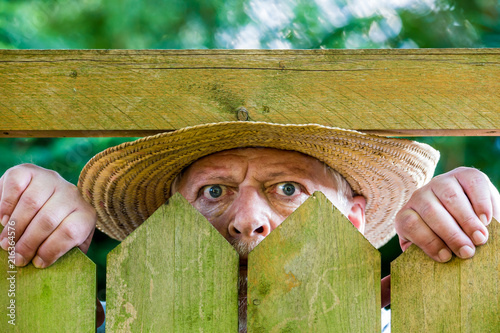 ein neugieriger Nachbar sieht über den Gartenzaun