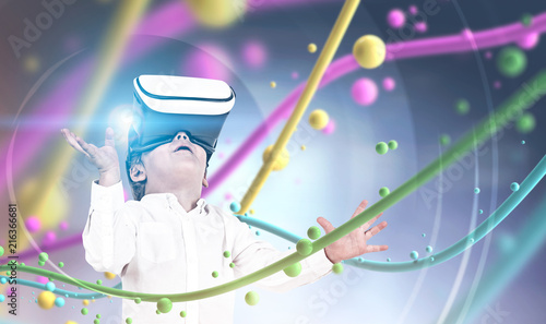 Adorable VR glasses little boy, lines and bubbles