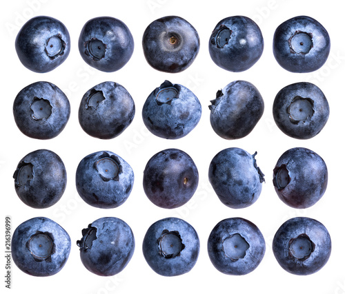 Big set of fresh blueberry isolated on white background.