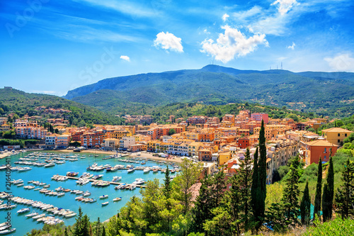 Panoramic aerial view of Porto Ercole town, Monte Argentario, Grosseto, Tuscany, Italy. Architecture and landmark of Porto Ercole and Italy. Tuscany is a region in central Italy