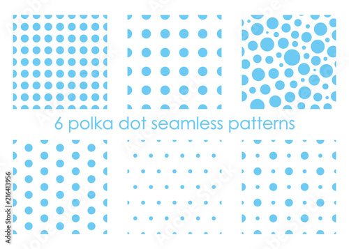 Set of seamless dotted patterns. Polka dot backgrounds. Abstract textures. Blue backdrops