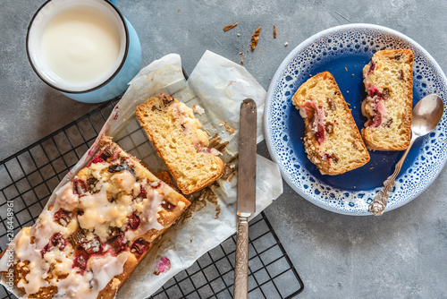 Cake with fresh rhubarb and a cup of kefir.