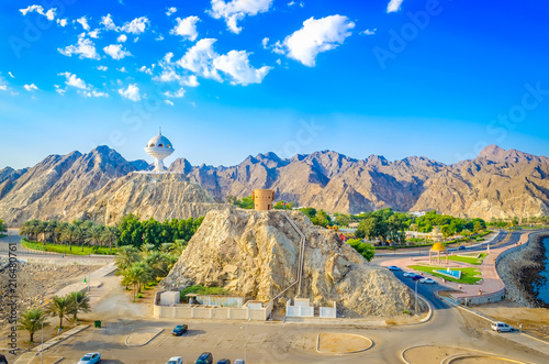 Beautiful aerial view of the majestic frankincense burner monument and mountains. From Muscat, Oman.
