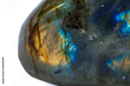 Macro mineral stone Labradorite on white background